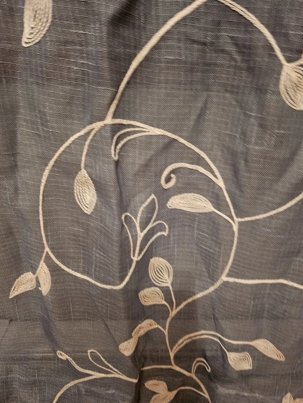 Light Blue Sheer Curtain Panel with Cream Vine Embroidery - Home Accents